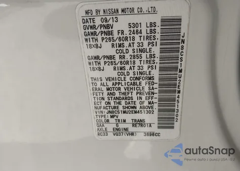 2014 Infiniti Qx70 z USA, uszkodzony, nr VIN JN8CS1MU2EM451302